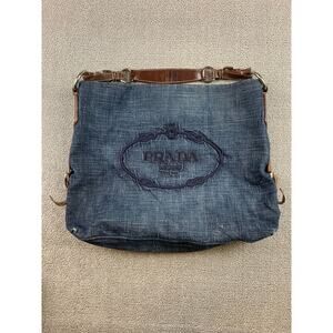 Authentic Prada Milano Blue Women's Washed‎ Denim Logo Hobo Handbag